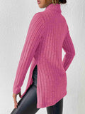 Ribbed Turtleneck Long Sleeve Slit T-Shirt - Trendsi - Flyclothing LLC