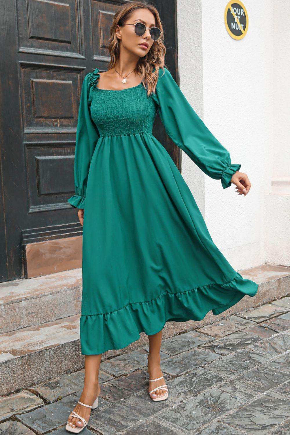 Smocked Ruffle Hem Flounce Sleeve Dress - Trendsi - Flyclothing LLC