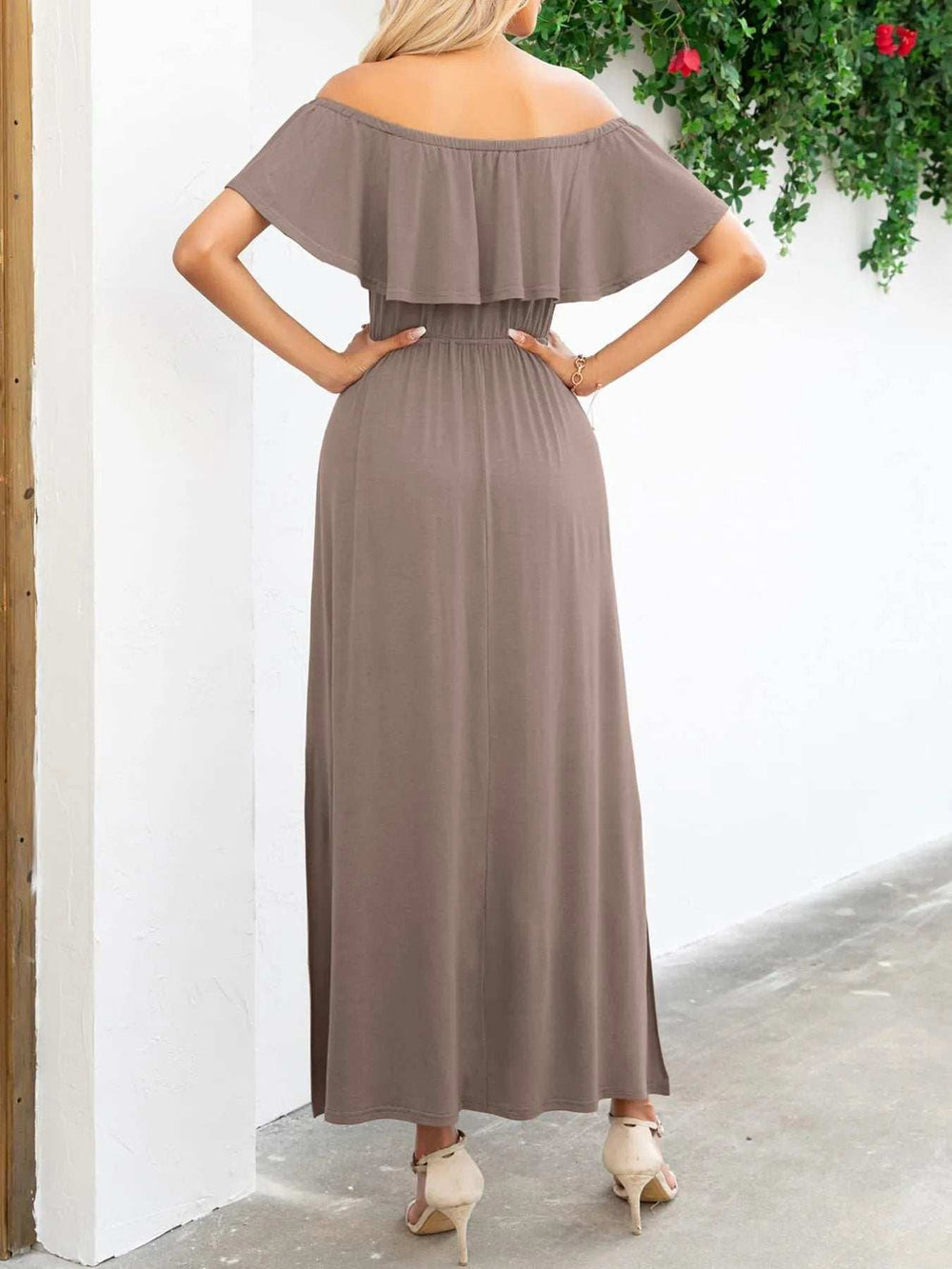 Off-Shoulder Slit Maxi Dress - Trendsi - Flyclothing LLC