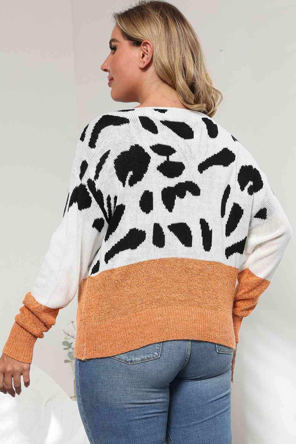 Plus Size Leopard Round Neck Long Sleeve Sweater - Trendsi - Flyclothing LLC