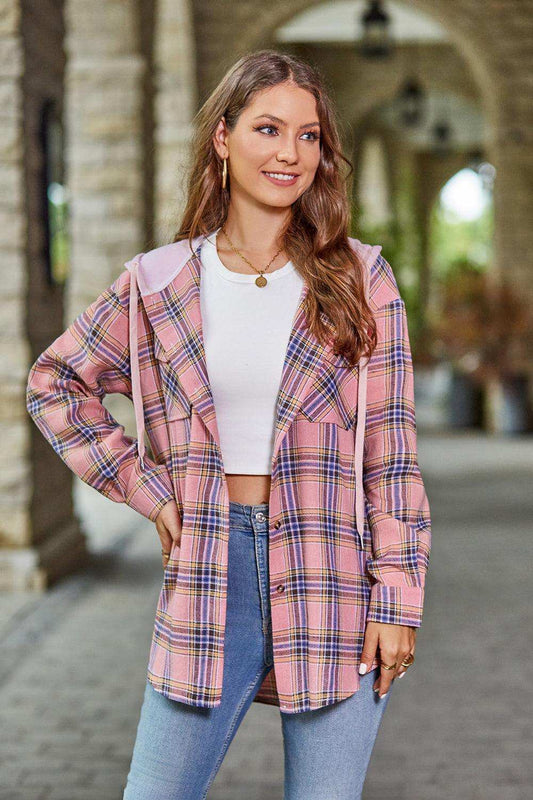 Plaid Long Sleeve Hooded Jacket - Trendsi - Flyclothing LLC