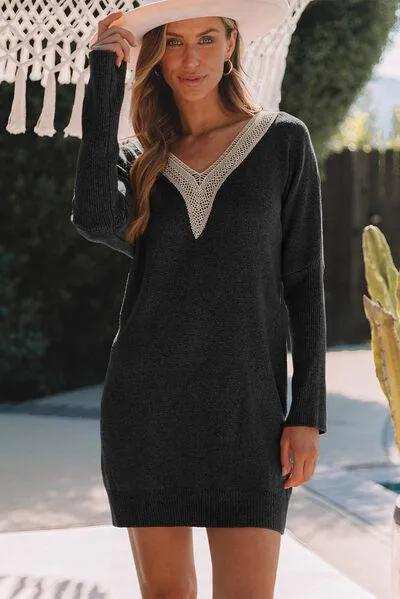 V-Neck Long Sleeve Mini Sweater Dress - Trendsi - Flyclothing LLC