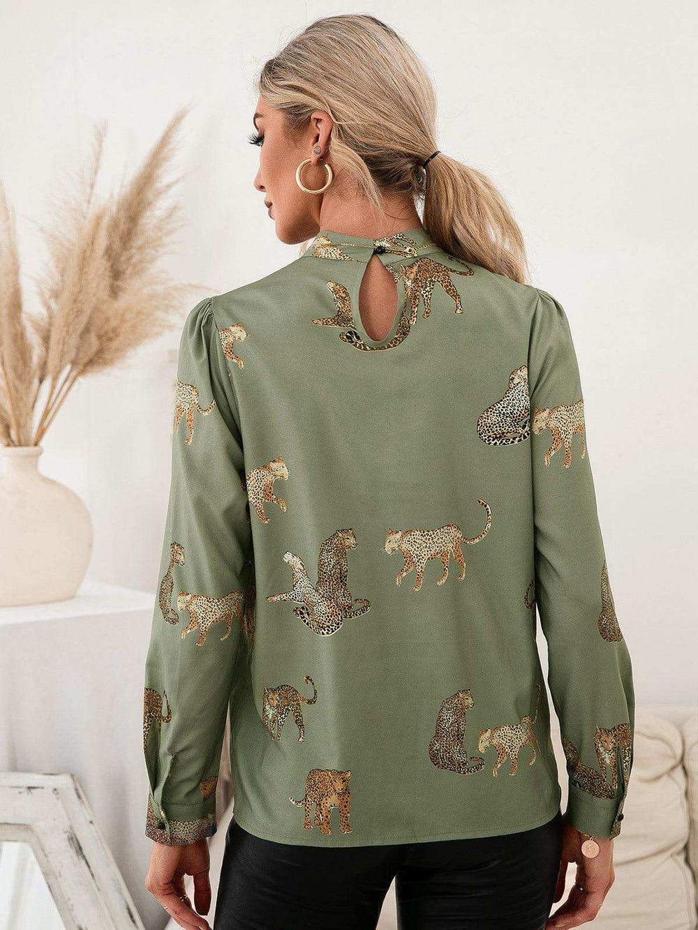 Leopard Graphic Mock Neck Puff Sleeve Blouse - Trendsi - Flyclothing LLC