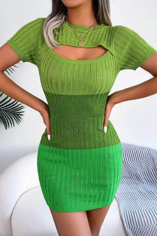 Color Block Cutout Short Sleeve Sweater Dress - Trendsi - Flyclothing LLC