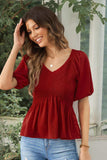 Smocked Balloon Sleeve Peplum Blouse - Trendsi - Flyclothing LLC