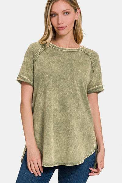 Zenana Heathered Round Neck Short Sleeve Blouse - Trendsi - Flyclothing LLC