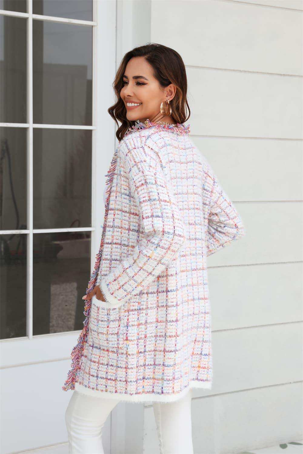 Plaid Fringe Trim Open Front Longline Cardigan - Trendsi - Flyclothing LLC