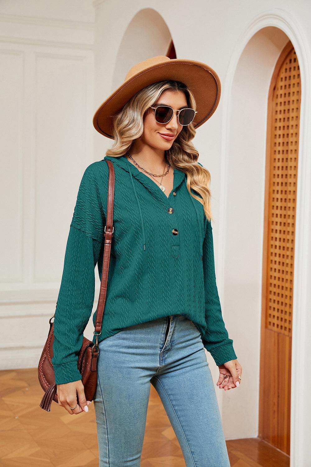 Half-Button Dropped Shoulder Hoodie - Trendsi - Flyclothing LLC