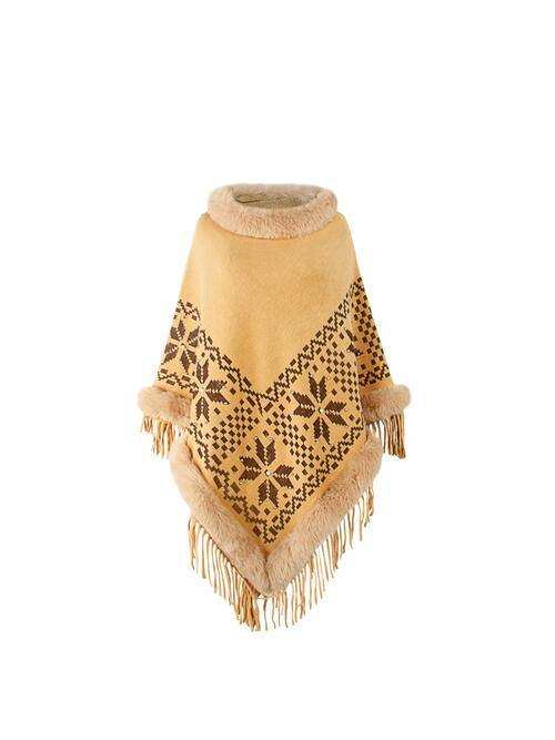 Fringe Geometric Cape Sleeve Poncho - Trendsi - Flyclothing LLC