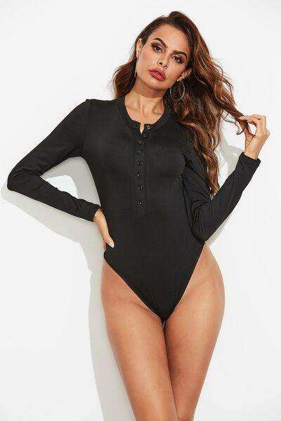 Half Button Round Neck Long Sleeve Bodysuit - Trendsi - Flyclothing LLC