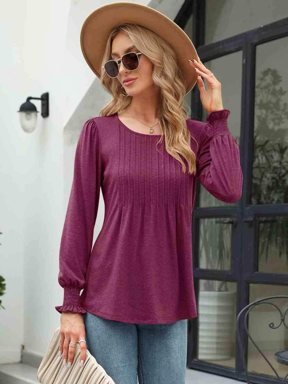 Smocked Round Neck Lantern Sleeve Blouse - Trendsi - Flyclothing LLC