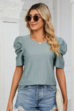 Eyelet Puff Sleeve Round Neck Blouse - Trendsi - Flyclothing LLC