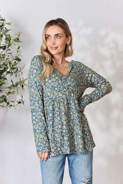 Heimish Full Size Floral Half Button Long Sleeve Blouse - Trendsi - Flyclothing LLC