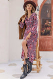 Printed Long Sleeve Slit Midi Dress - Trendsi - Flyclothing LLC