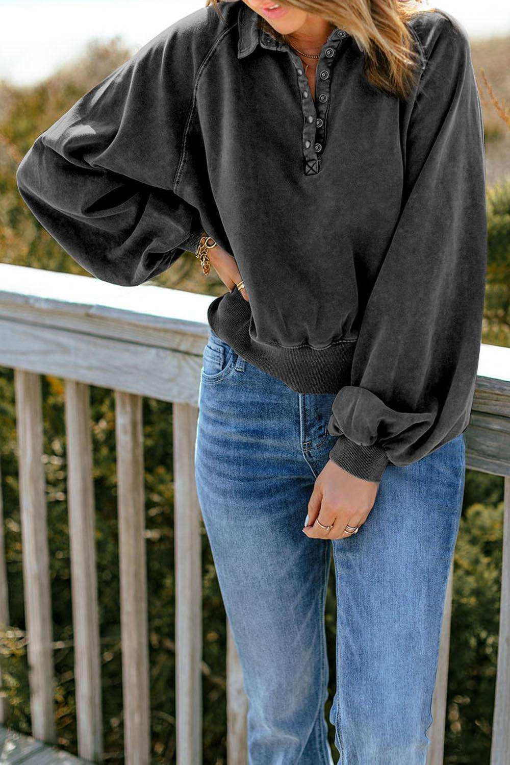 Quarter-Snap Collared Lantern Sleeve Sweatshirt - Trendsi - Flyclothing LLC