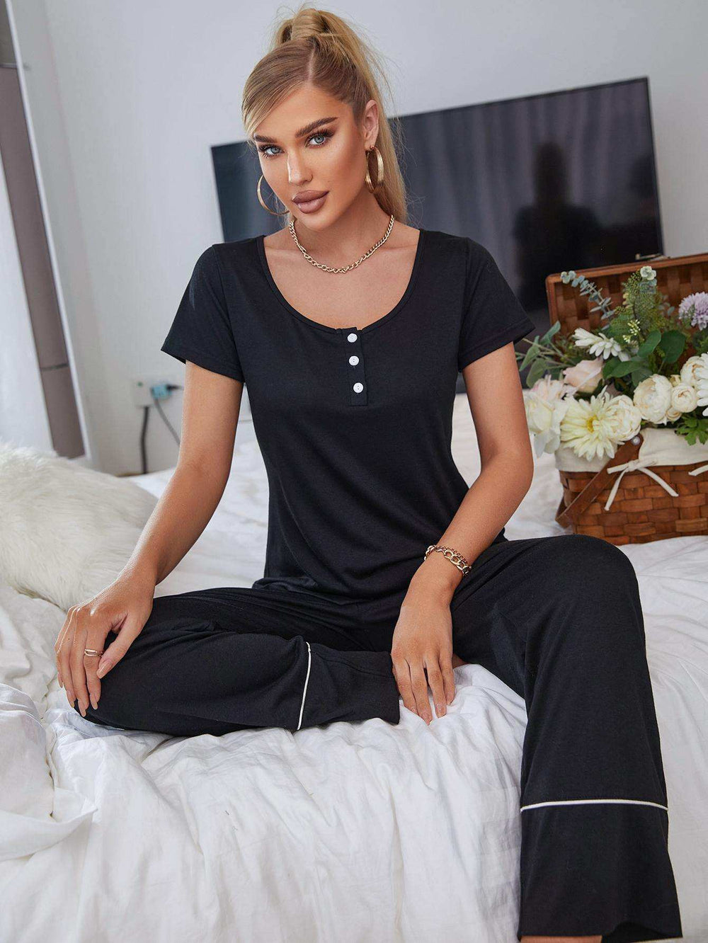 Scoop Neck Top and Elastic Waist Pants Lounge Set - Trendsi - Flyclothing LLC