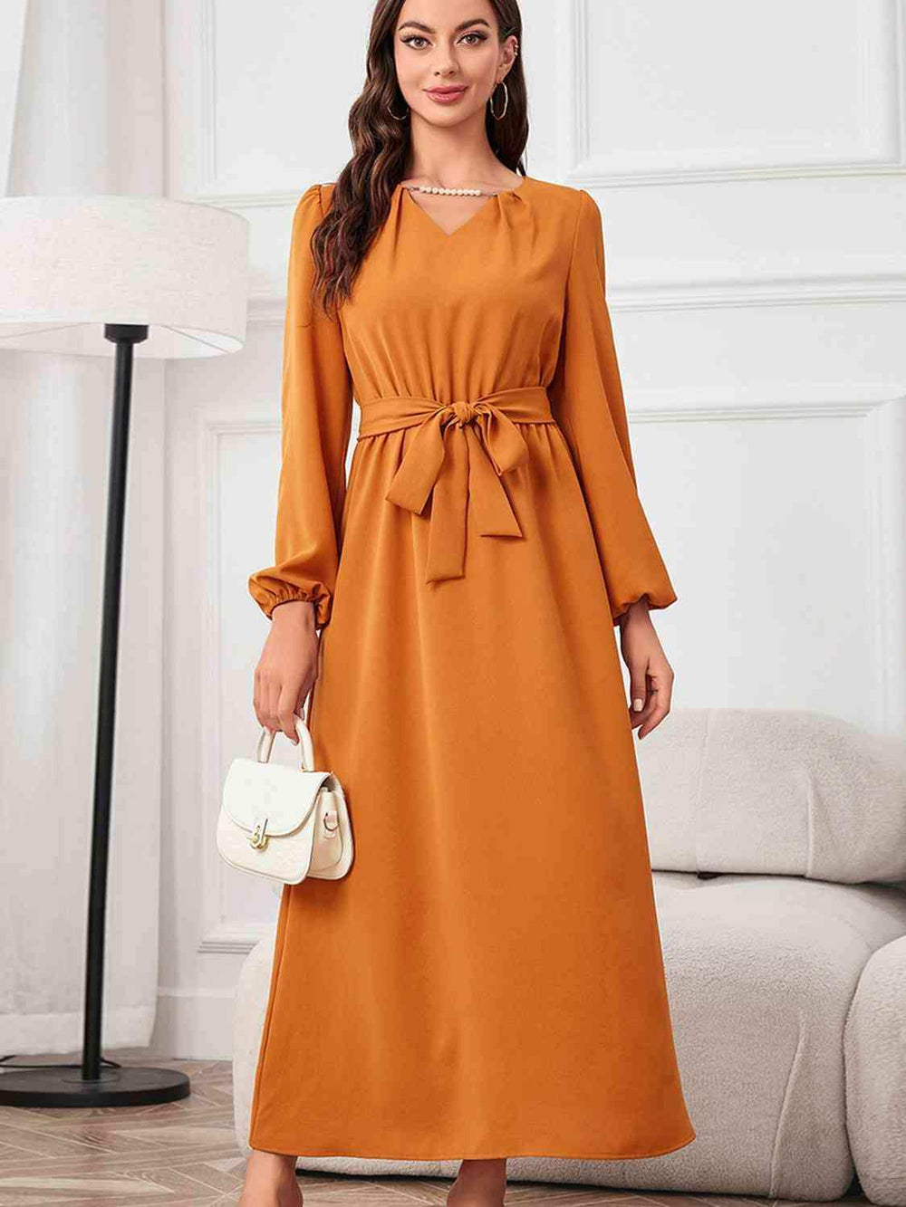 Tie Waist Puff Sleeve Maxi Dress - Trendsi - Flyclothing LLC