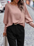 Round Neck Lantern Sleeve Blouse - Trendsi - Flyclothing LLC