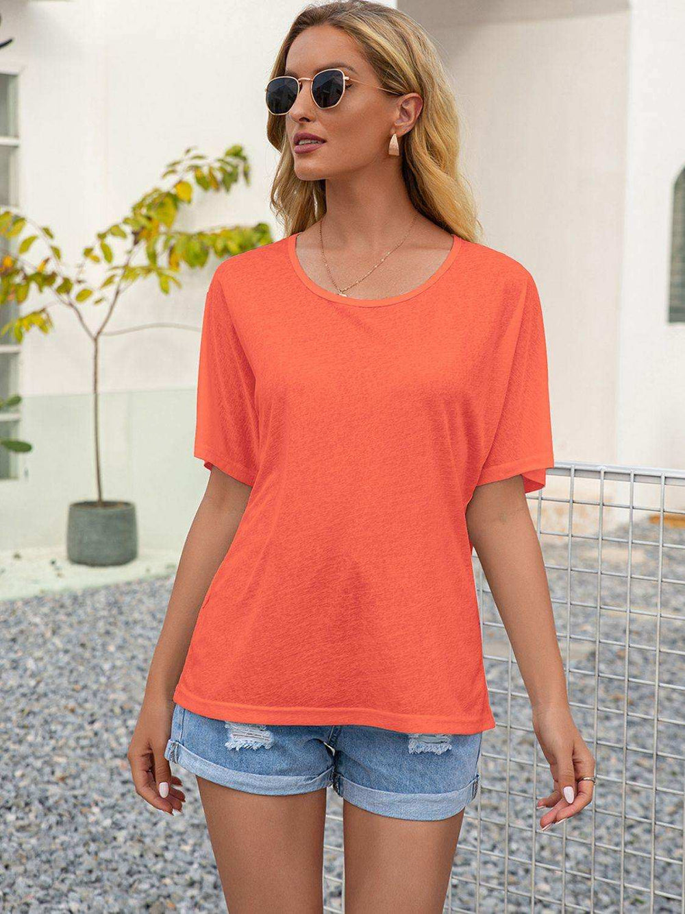 Round Neck Short Sleeve Top - Trendsi - Flyclothing LLC
