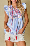 Embroidered Tassel Striped Tie Neck Blouse - Trendsi - Flyclothing LLC