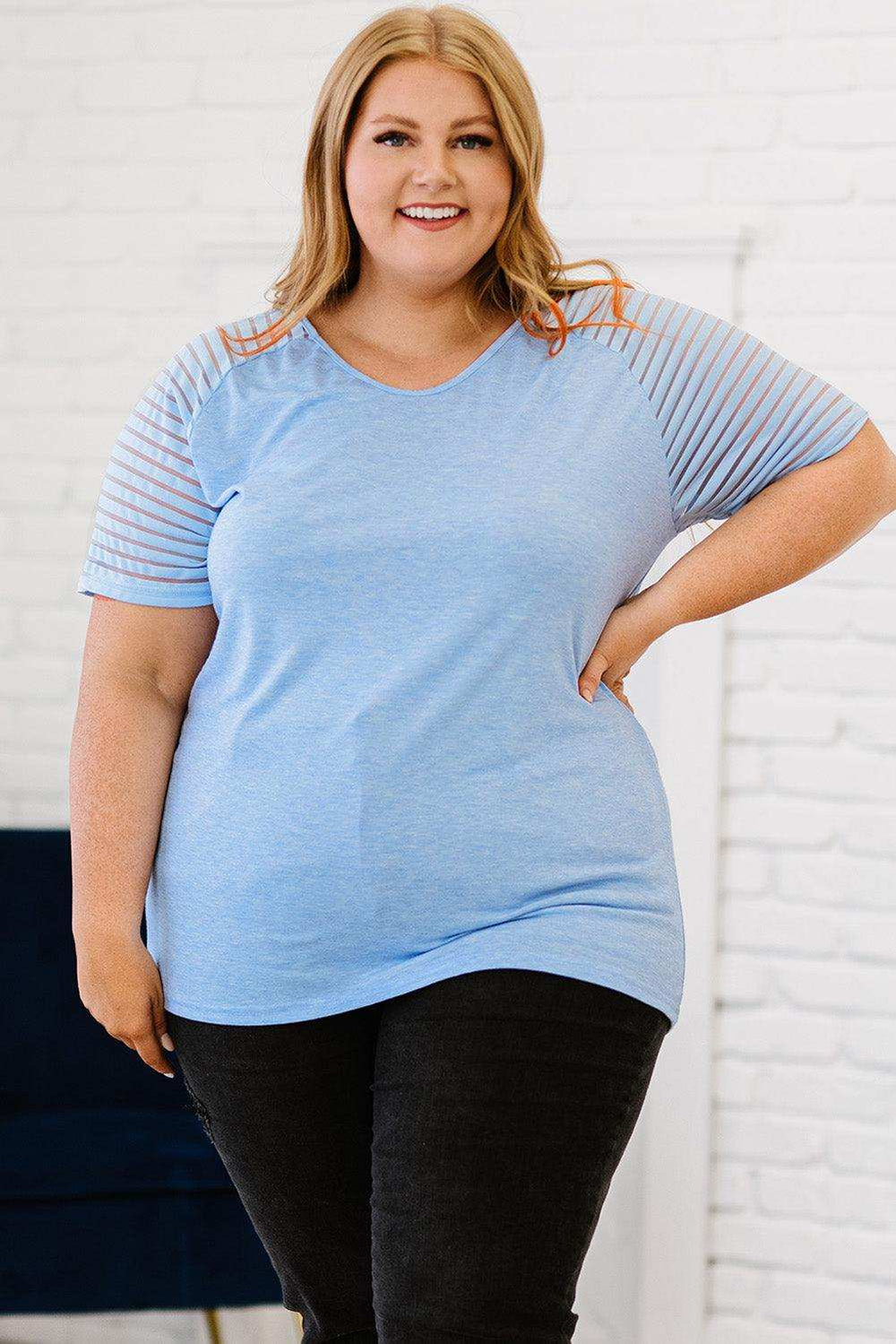 Plus Size V-Neck Raglan Sleeve Tee - Trendsi - Flyclothing LLC