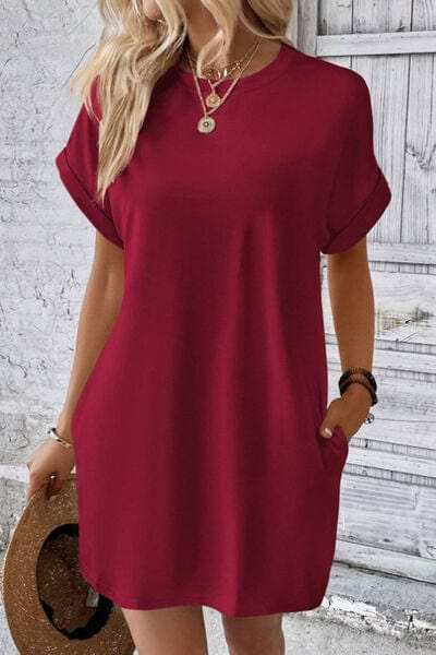 Pocketed Round Neck Short Sleeve Dress - Trendsi - Flyclothing LLC