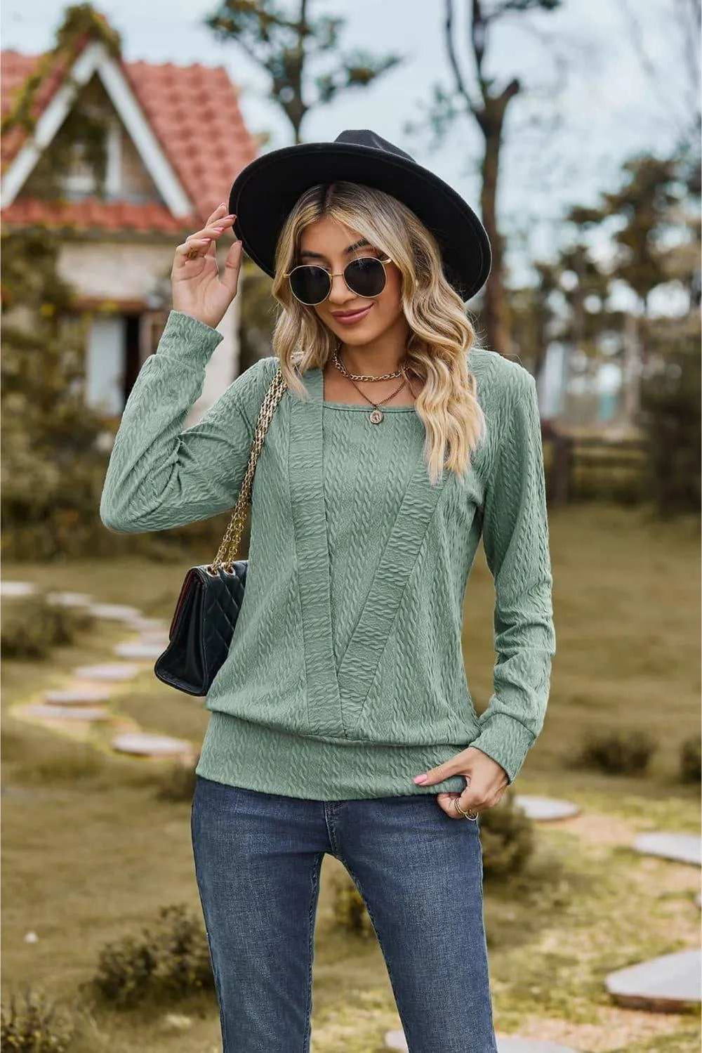 Square Neck Long Sleeve Blouse - Trendsi - Flyclothing LLC