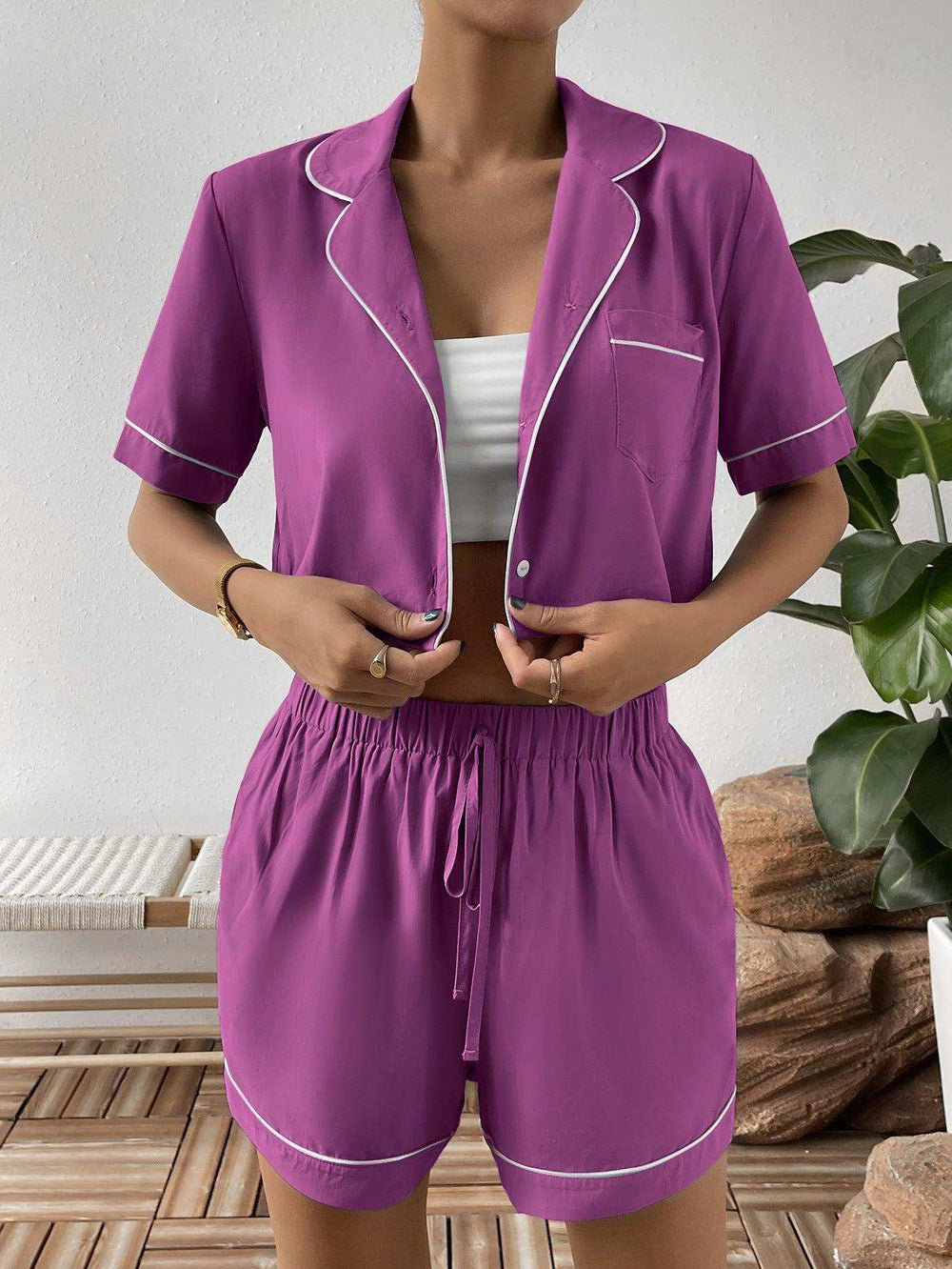 Contrast Lapel Collar Cropped Shirt and Shorts Lounge Set - Trendsi - Flyclothing LLC