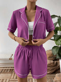 Contrast Lapel Collar Cropped Shirt and Shorts Lounge Set - Trendsi - Flyclothing LLC