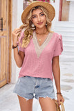 Eyelet V-Neck Petal Sleeve T-Shirt - Trendsi - Flyclothing LLC