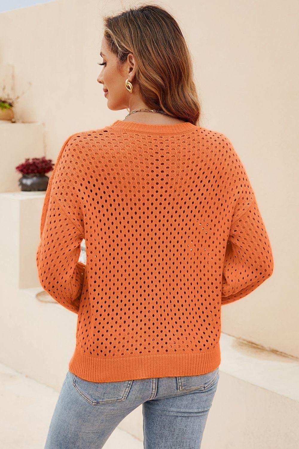 Round Neck Openwork Dropped Shoulder Knit Top - Trendsi - Flyclothing LLC