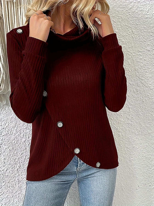 Decorative Button Turtleneck Long Sleeve T-Shirt - Trendsi - Flyclothing LLC