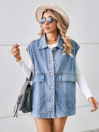 Pocketed Button Up Sleeveless Denim Jacket - Trendsi - Flyclothing LLC