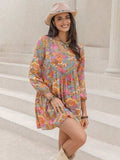 Printed V-Neck Balloon Sleeve Mini Dress - Trendsi - Flyclothing LLC