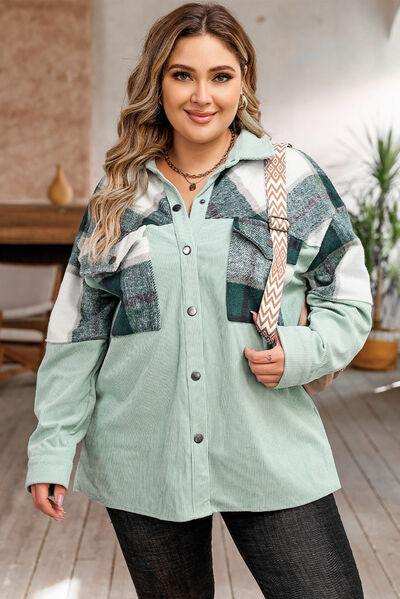 Plus Size Plaid Snap Down Jacket with Pockets - Trendsi - Flyclothing LLC