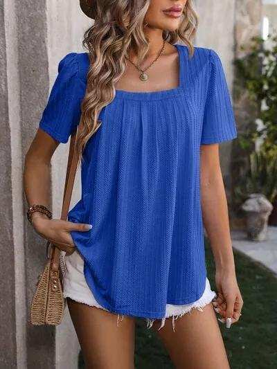 Ruched Square Neck Short Sleeve Blouse - Trendsi - Flyclothing LLC