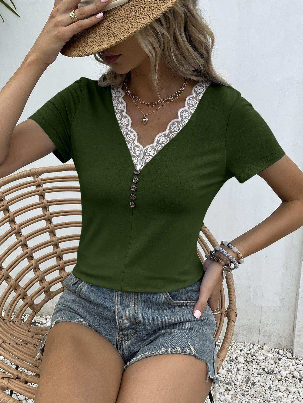 Lace Trim V-Neck Short Sleeve Blouse - Trendsi - Flyclothing LLC