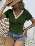 Lace Trim V-Neck Short Sleeve Blouse - Trendsi - Flyclothing LLC
