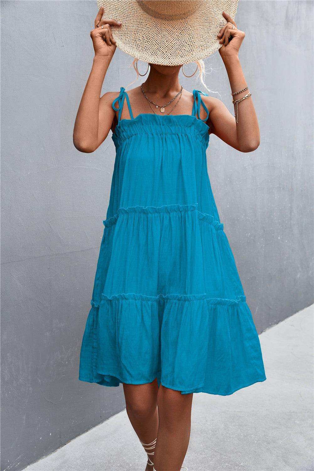 Tie-Shoulder Frill Trim Sleeveless Dress - Trendsi - Flyclothing LLC