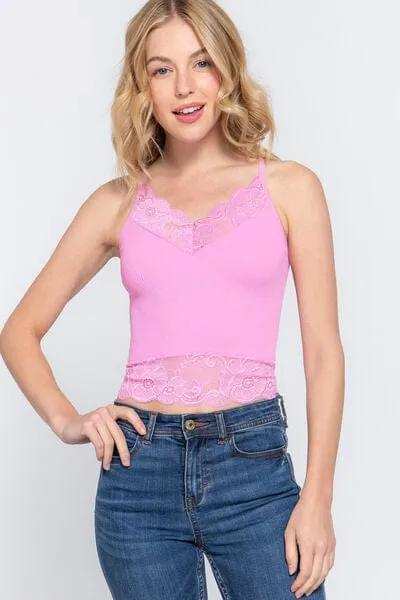 ACTIVE BASIC V-Neck Lace Detail Ribbed Seamless Cami - Trendsi - Flyclothing LLC