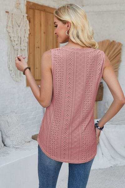 Eyelet Decorative Button V-Neck Tank - Trendsi - Flyclothing LLC