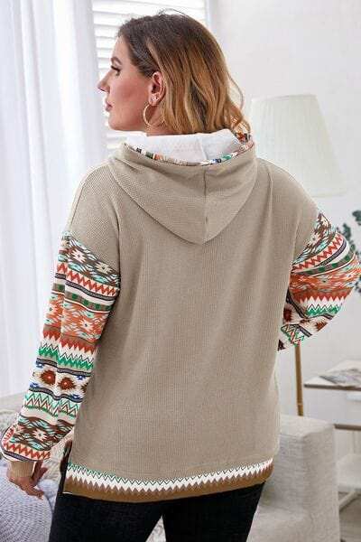 Plus Size Waffle-Knit Geometric Dropped Shoulder Hoodie - Trendsi - Flyclothing LLC