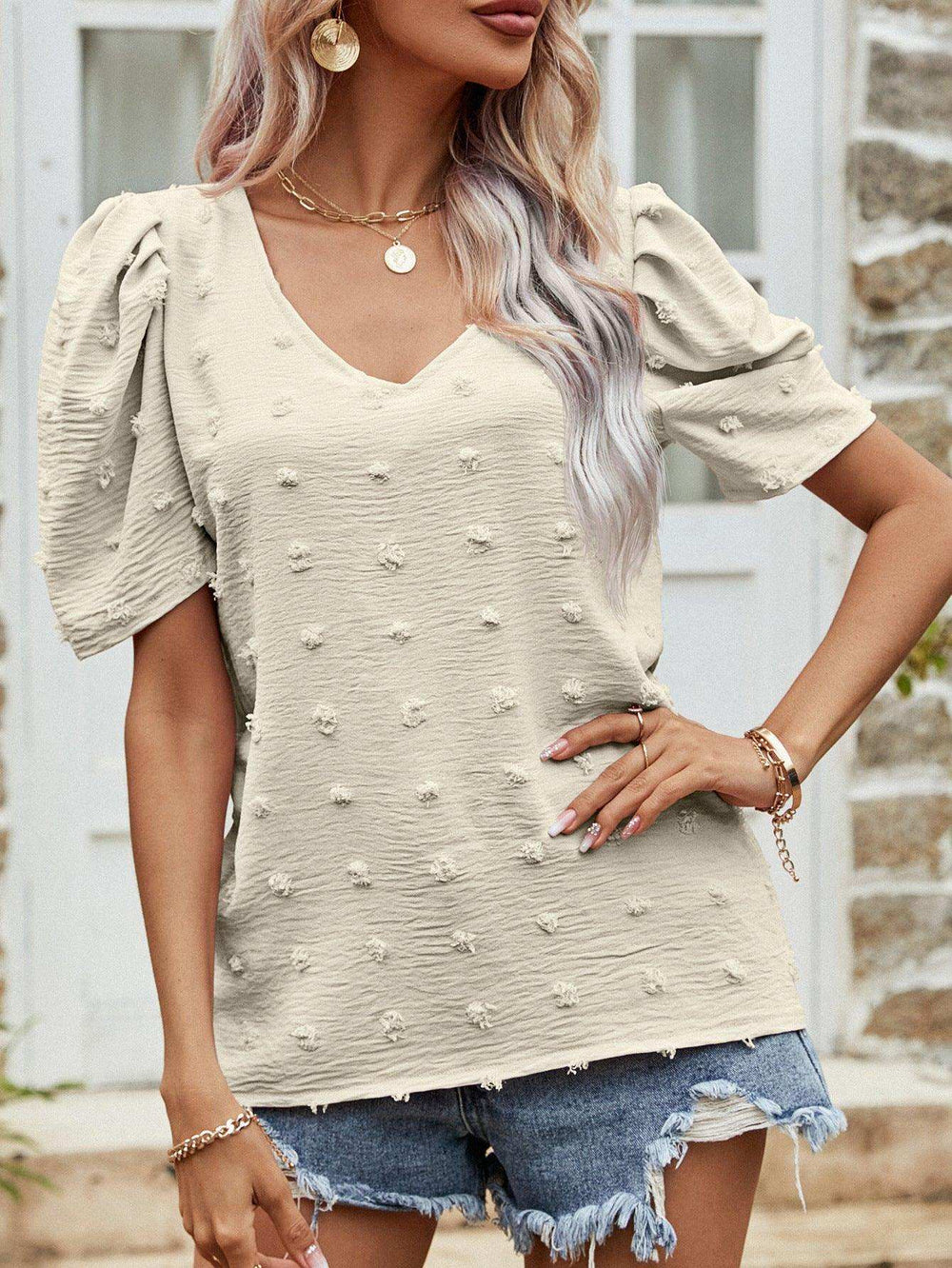 Swiss Dot Short Puff Sleeve Top - Trendsi - Flyclothing LLC