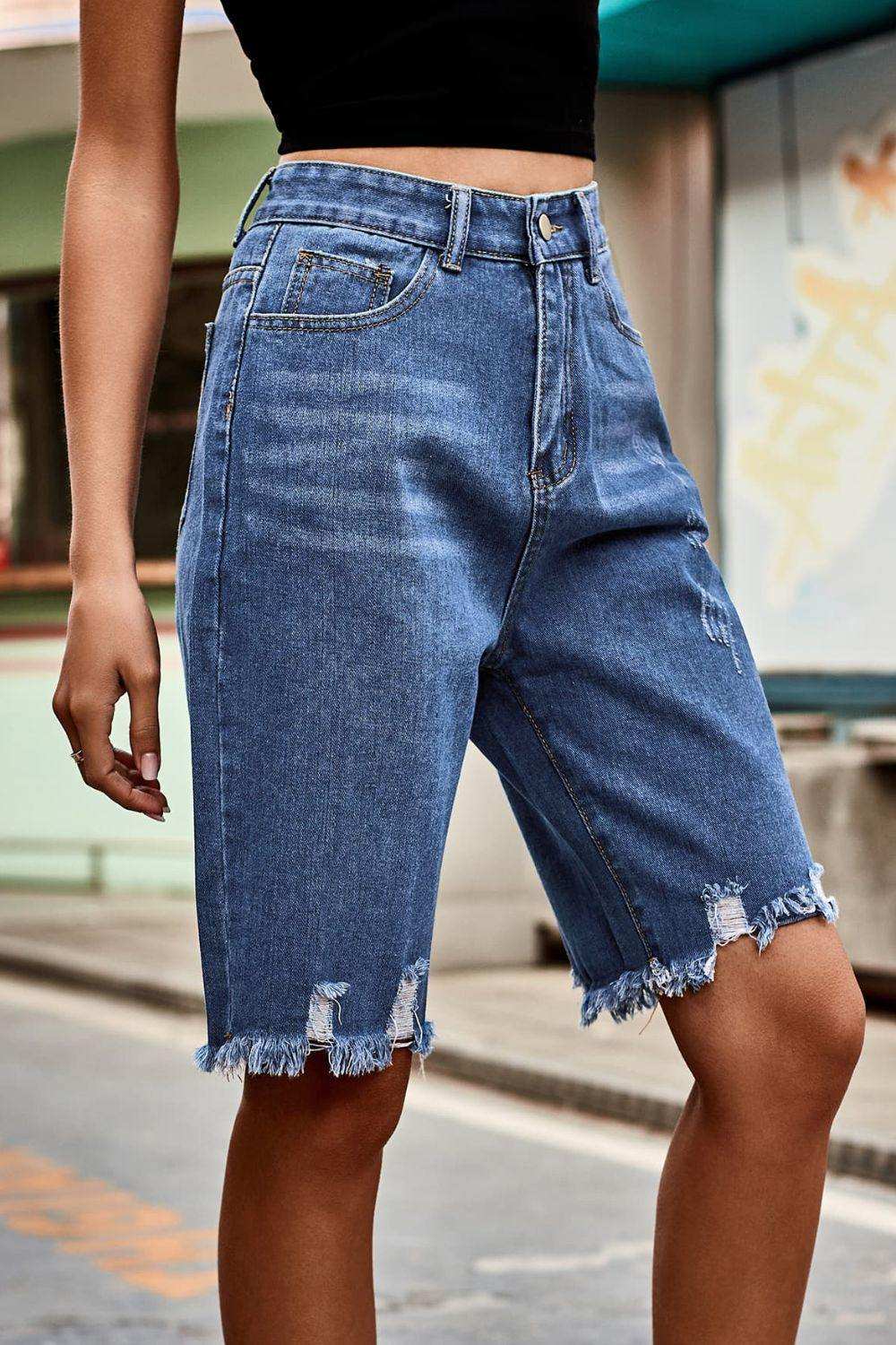 Raw Hem High Waist Denim Shorts with Pockets - Trendsi - Flyclothing LLC