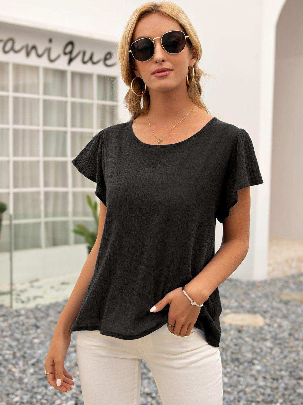 Round Neck Cutout Tie Back Top - Trendsi - Flyclothing LLC