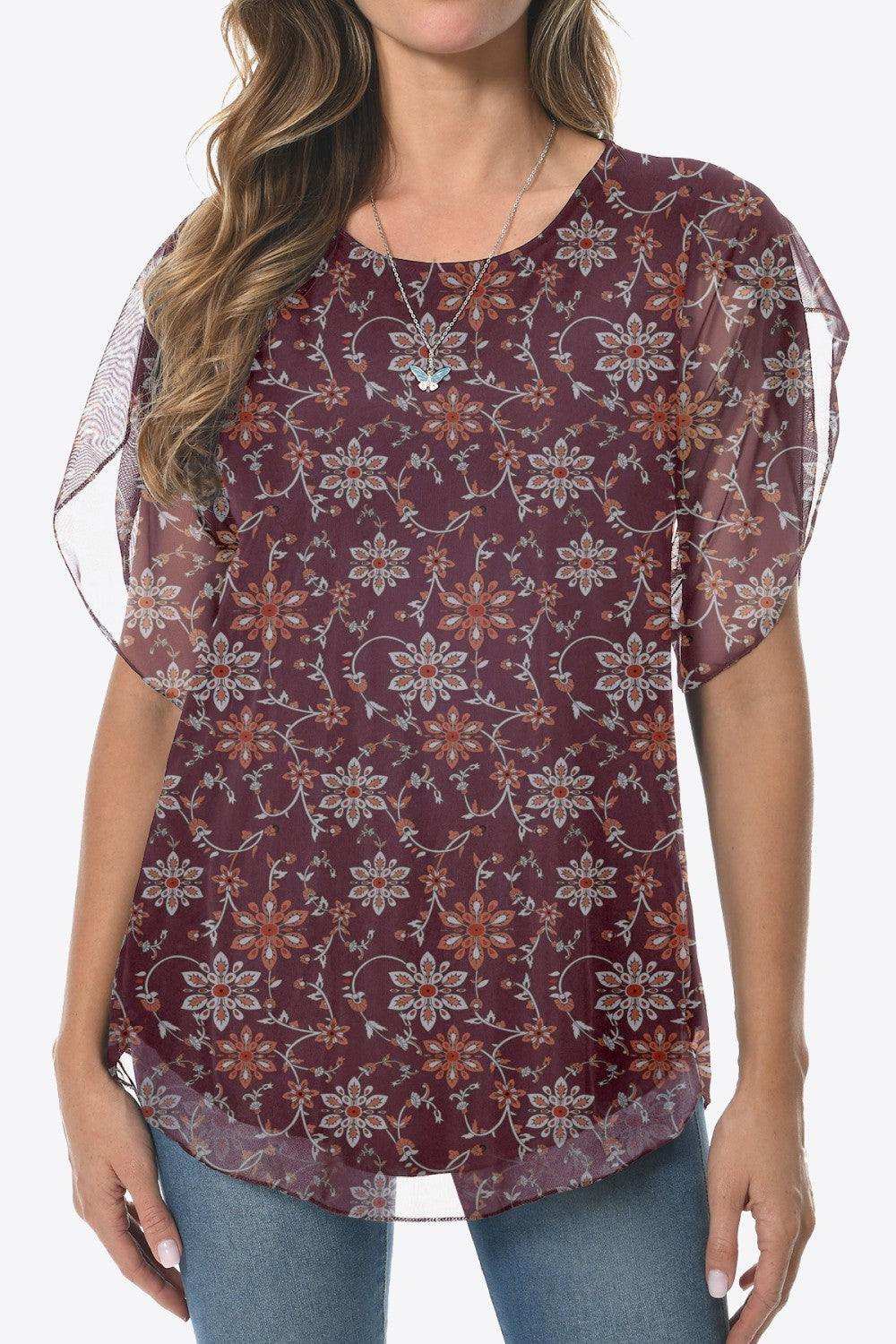 Printed Round Neck Curved Hem Blouse - Trendsi - Flyclothing LLC