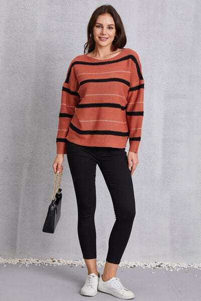 Striped Round Neck Dropped Shoulder Sweater - Trendsi - Flyclothing LLC