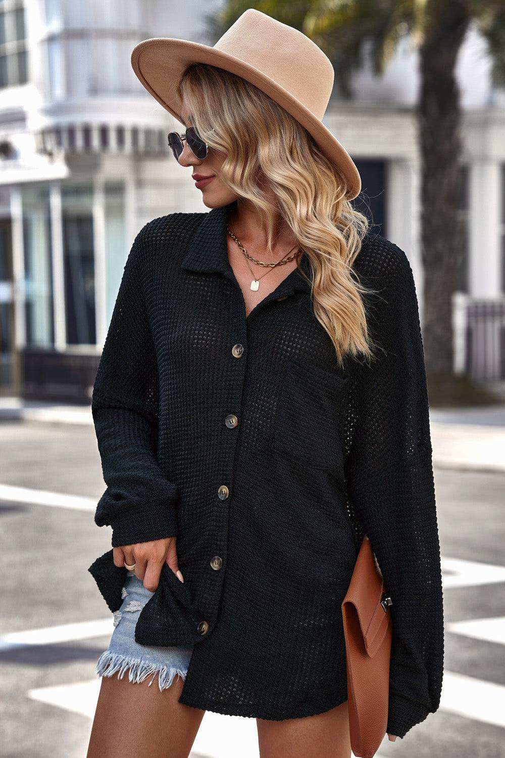 Waffle-knit Collared Neck Dropped Shoulder Shirt - Trendsi - Flyclothing LLC