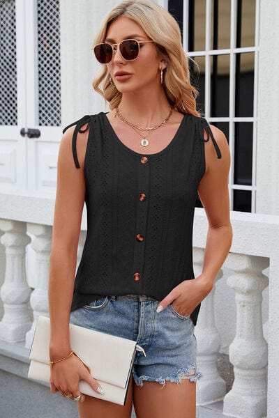 Eyelet Round Neck Wide Strap Tank - Trendsi - Flyclothing LLC