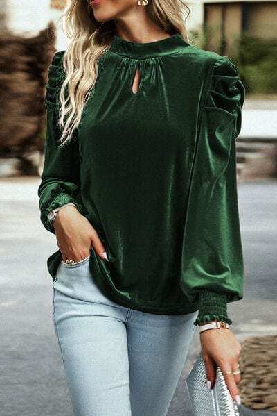 Tie Up Mock Neck Velvet Fabric Long Sleeve Blouse - Trendsi - Flyclothing LLC